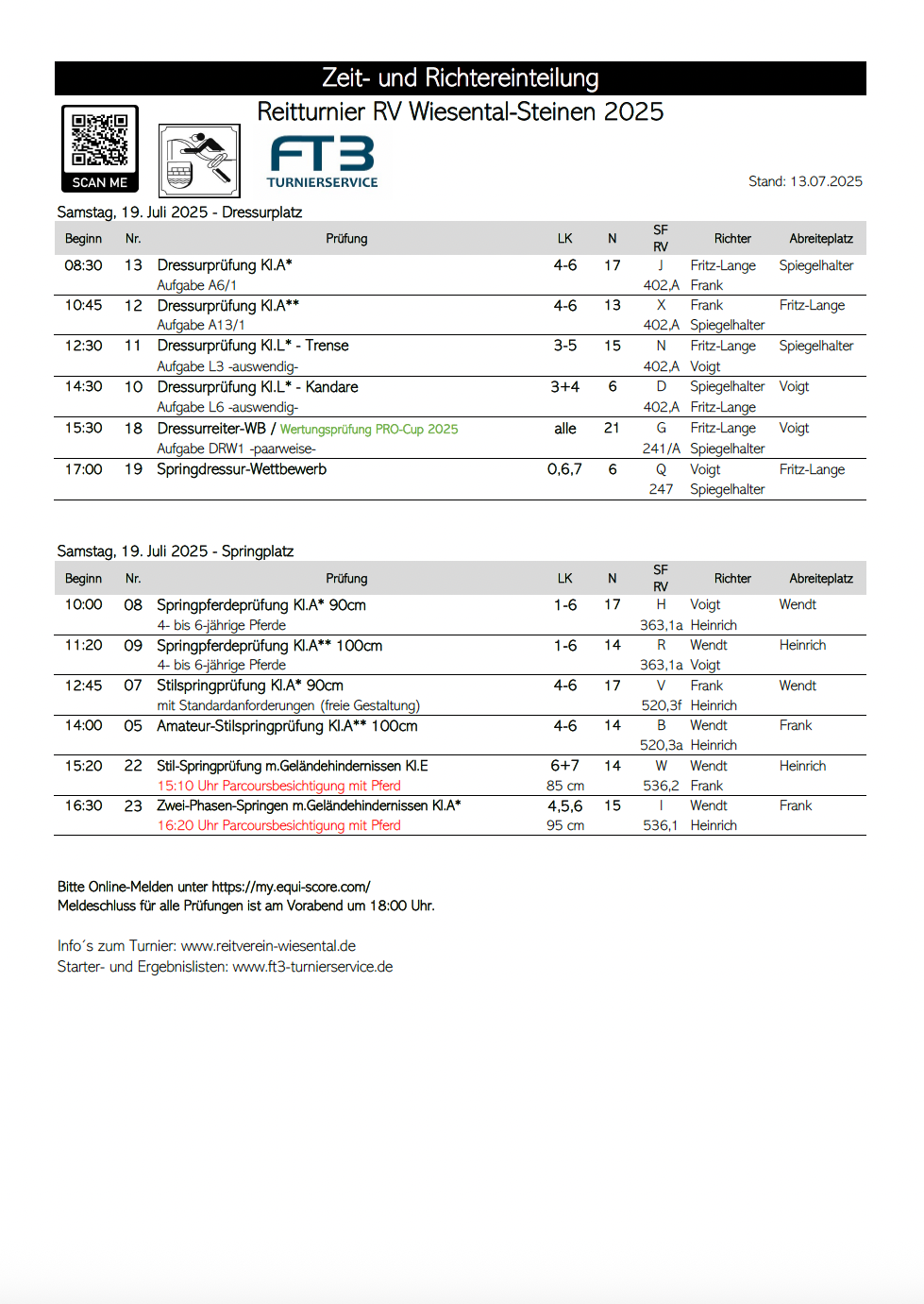 zeiteinteilung samstag 
