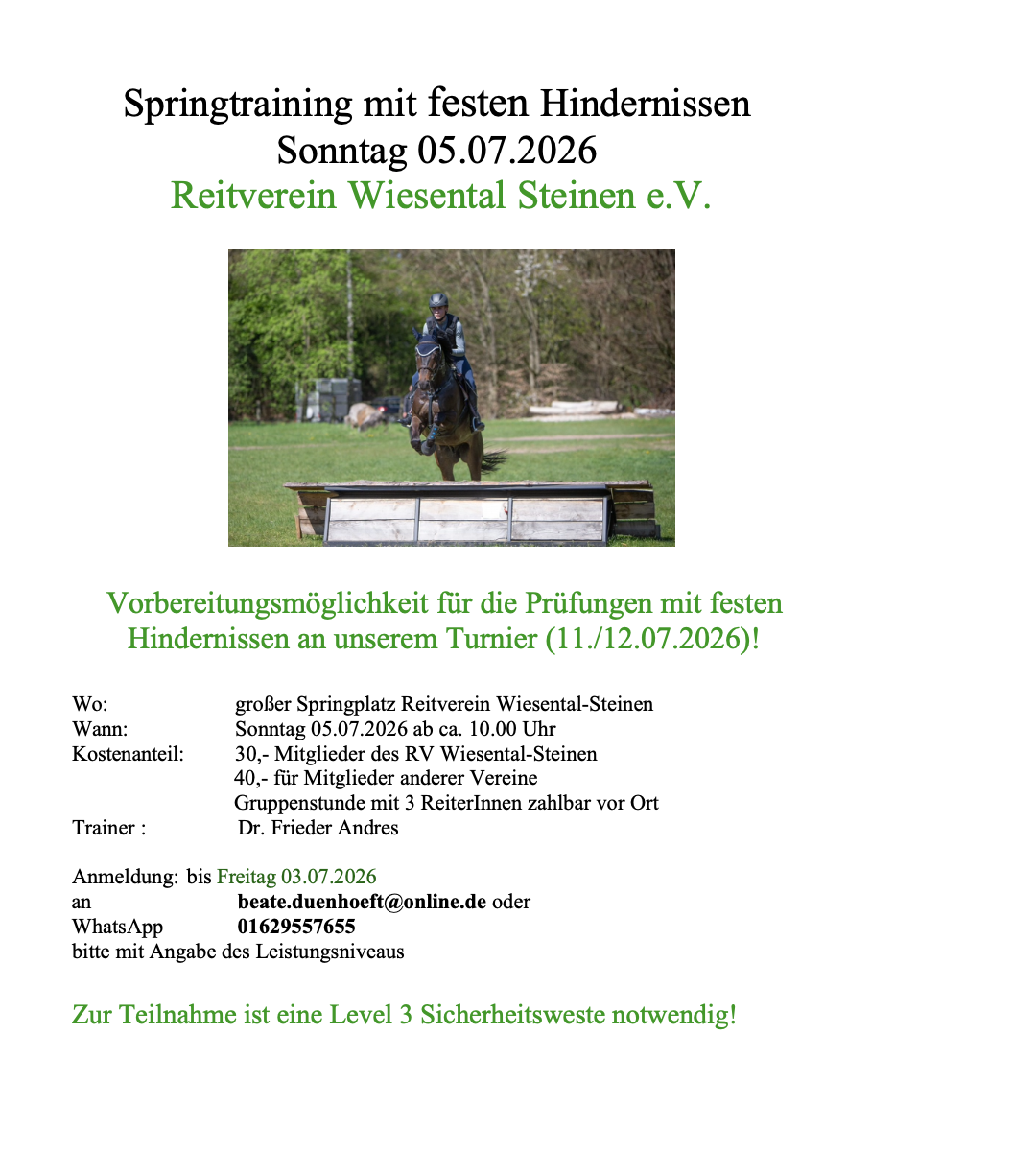 Traing feste Hinderniss Juli 2026
